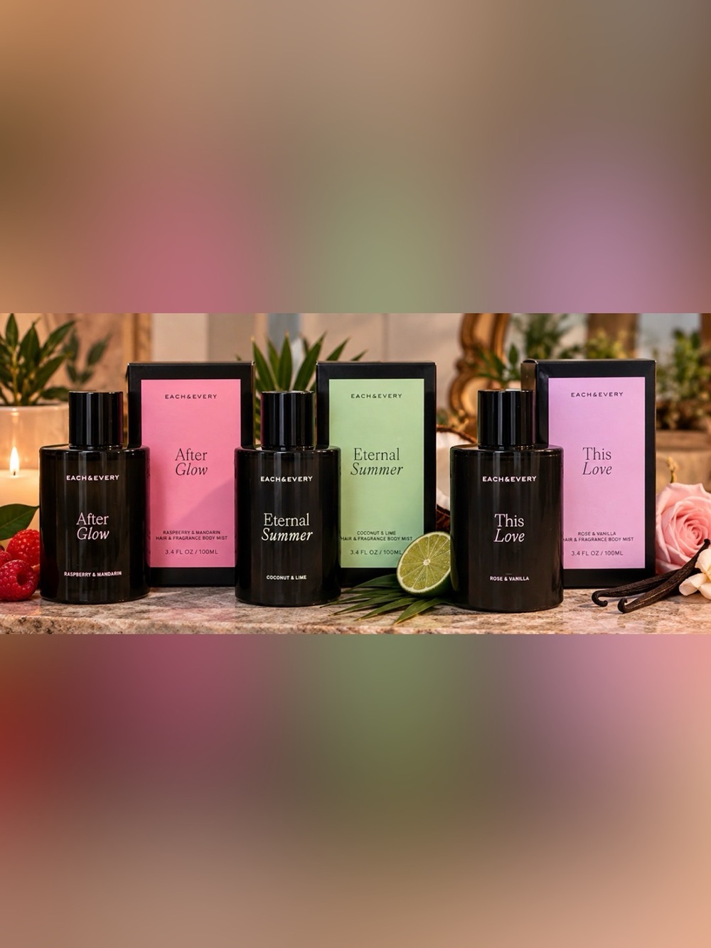 3 body care sprays each and every after glow , eternal summer and this love new